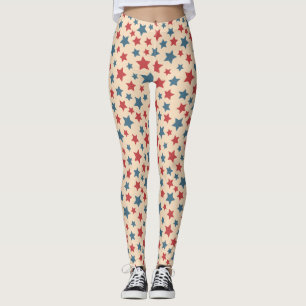 Red and Blue Stars, 4th of July, Beige Background Leggings