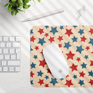 Red and Blue Stars, 4th of July, Beige Background Mouse Mat