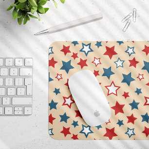 Red and Blue Stars, 4th of July, Beige Background Mouse Mat