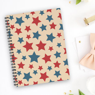 Red and Blue Stars, 4th of July, Beige Background Notebook