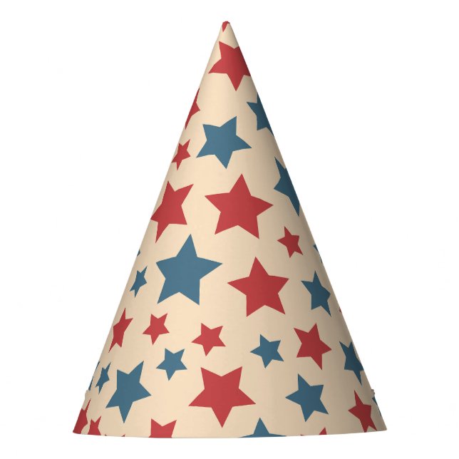 Red and Blue Stars, 4th of July, Beige Background Party Hat (Front)