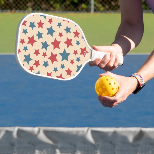 Red and Blue Stars, 4th of July, Beige Background Pickleball Paddle (Insitu)