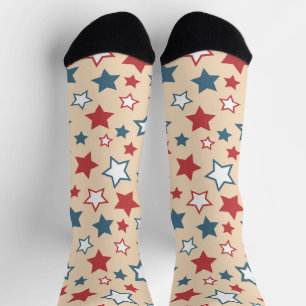 Red and Blue Stars, 4th of July, Beige Background Socks