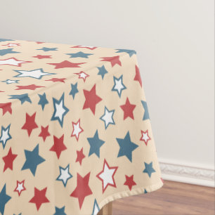 Red and Blue Stars, 4th of July, Beige Background Tablecloth