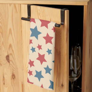 Red and Blue Stars, 4th of July, Beige Background Tea Towel
