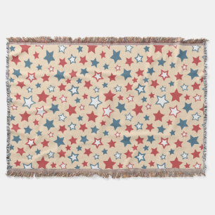 Red and Blue Stars, 4th of July, Beige Background Throw Blanket