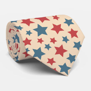 Red and Blue Stars, 4th of July, Beige Background Tie