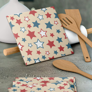 Red and Blue Stars, 4th of July, Beige Background Tile