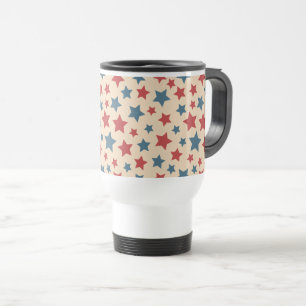 Red and Blue Stars, 4th of July, Beige Background Travel Mug