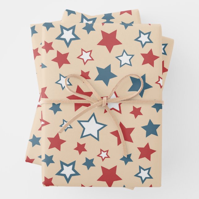 Red and Blue Stars, 4th of July, Beige Background Wrapping Paper Sheet (In situ)