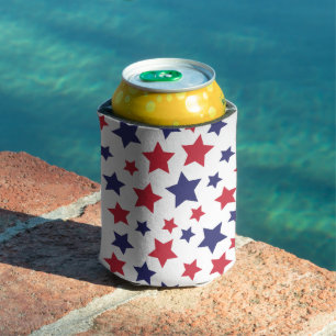 Red and Blue Stars, 4th of July, White Background Can Cooler