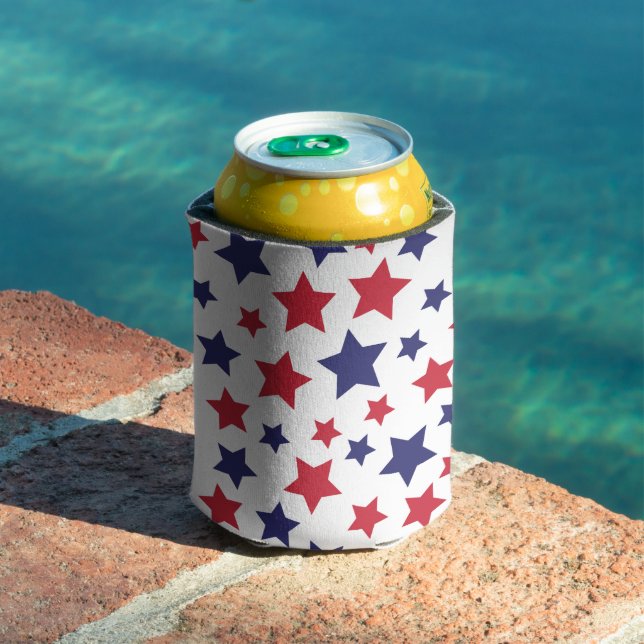 Red and Blue Stars, 4th of July, White Background Can Cooler (In Situ Pool)