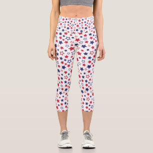 Red and Blue Stars, 4th of July, White Background Capri Leggings