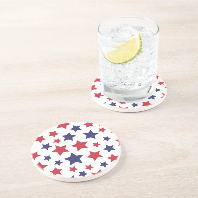 Red and Blue Stars, 4th of July, White Background Coaster (Side)