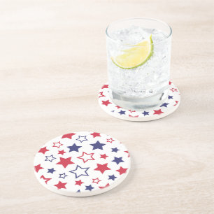 Red and Blue Stars, 4th of July, White Background Coaster