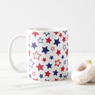 Red and Blue Stars, 4th of July, White Background Coffee Mug