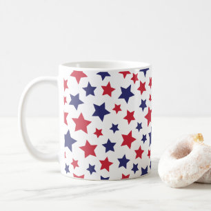 Red and Blue Stars, 4th of July, White Background Coffee Mug