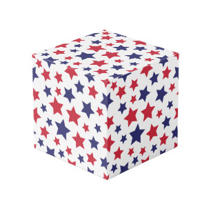 Red and Blue Stars, 4th of July, White Background Cube