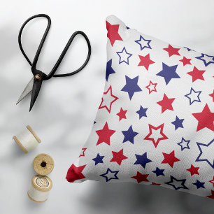 Red and Blue Stars, 4th of July, White Background Decorative Cushion