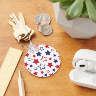Red and Blue Stars, 4th of July, White Background Key Ring