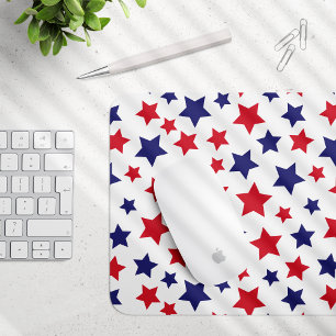 Red and Blue Stars, 4th of July, White Background Mouse Mat