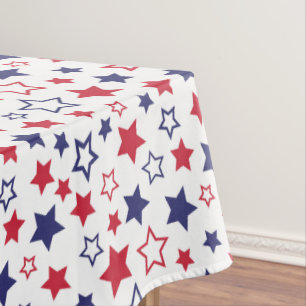 Red and Blue Stars, 4th of July, White Background Tablecloth