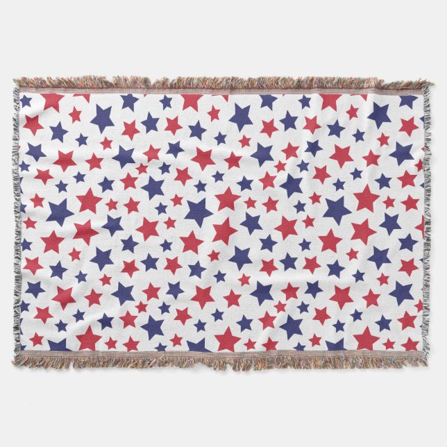 Red and Blue Stars, 4th of July, White Background Throw Blanket (Front)