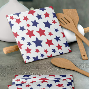 Red and Blue Stars, 4th of July, White Background Tile