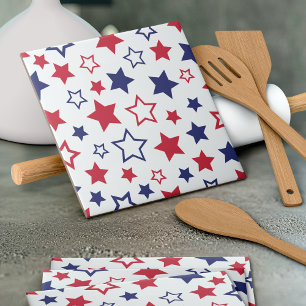 Red and Blue Stars, 4th of July, White Background Tile