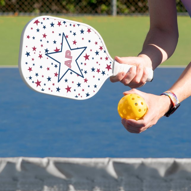 Red and Blue Stars Monogram and Name Pickleball Paddle (Insitu)