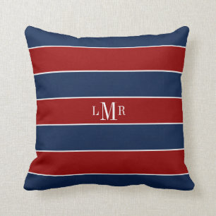 Red and Blue Stripes and Monogram Cushion