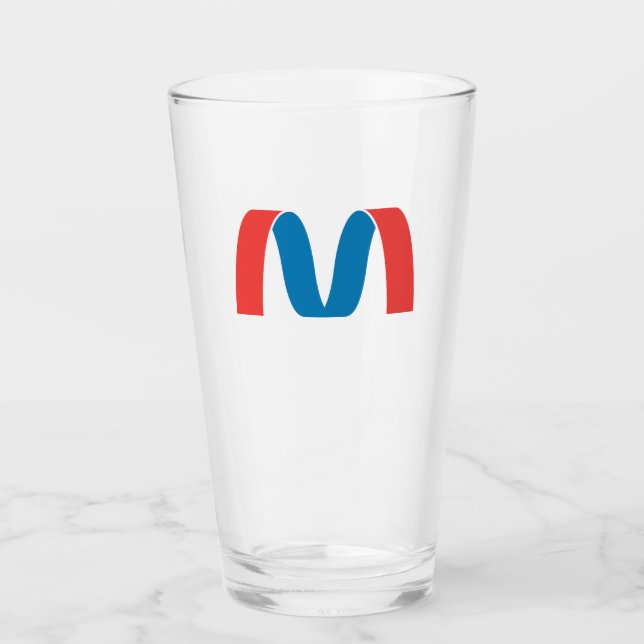 Red and Blue Stylised Bold Geometric Letter M Glass (Front)