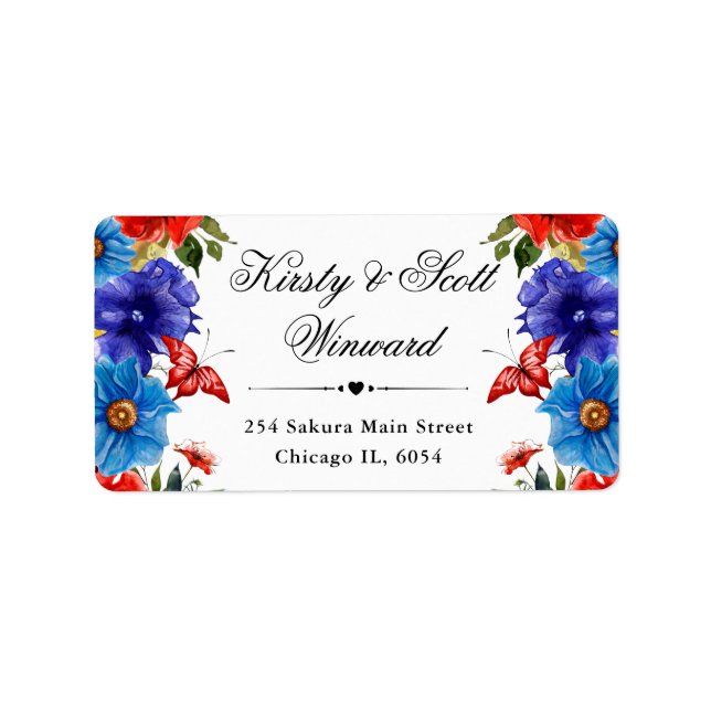 Red and Blue Summer Flowers address Label (Front)