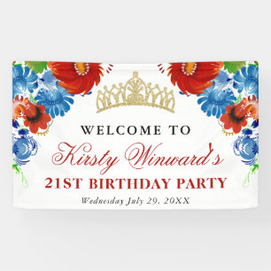 Red and Blue Summer Flowers Birthday Banner