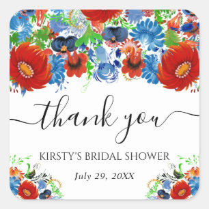 Red and Blue Summer Flowers Bridal Shower Square Sticker