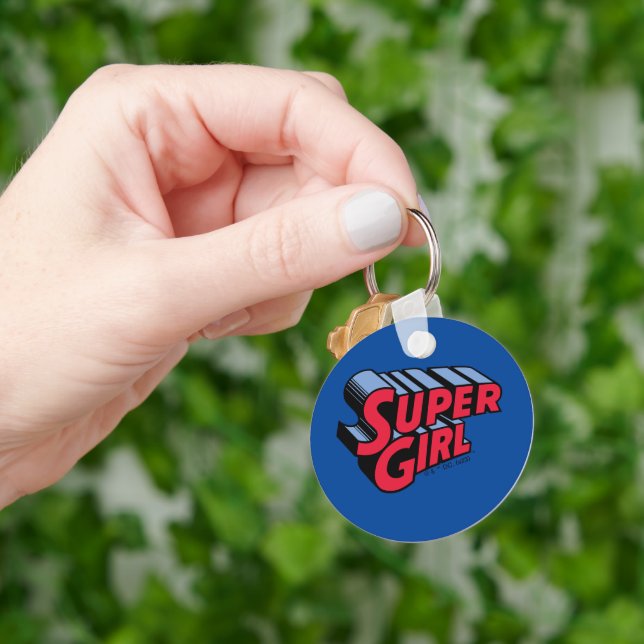 Red and Blue Supergirl Stacked Name Logo Key Ring (Hand)