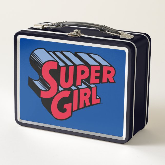 Red and Blue Supergirl Stacked Name Logo Metal Lunch Box (Front)