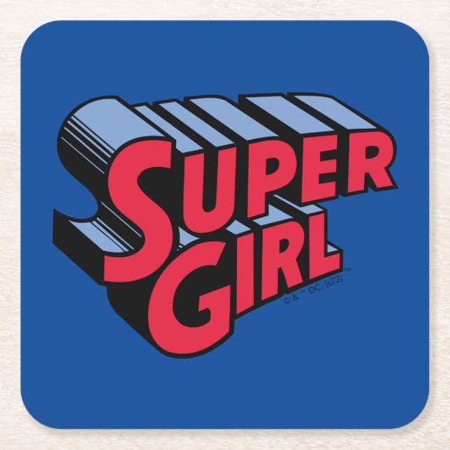 Red and Blue Supergirl Stacked Name Logo Square Paper Coaster (Front)