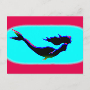 red and blue swimming mermaid postcard