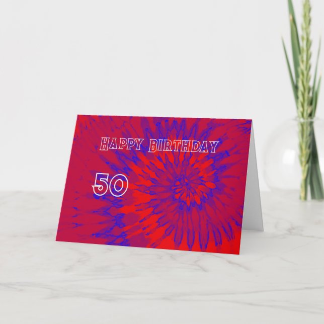  Red and Blue Tie Dye 50th Happy Birthday Card (Front)