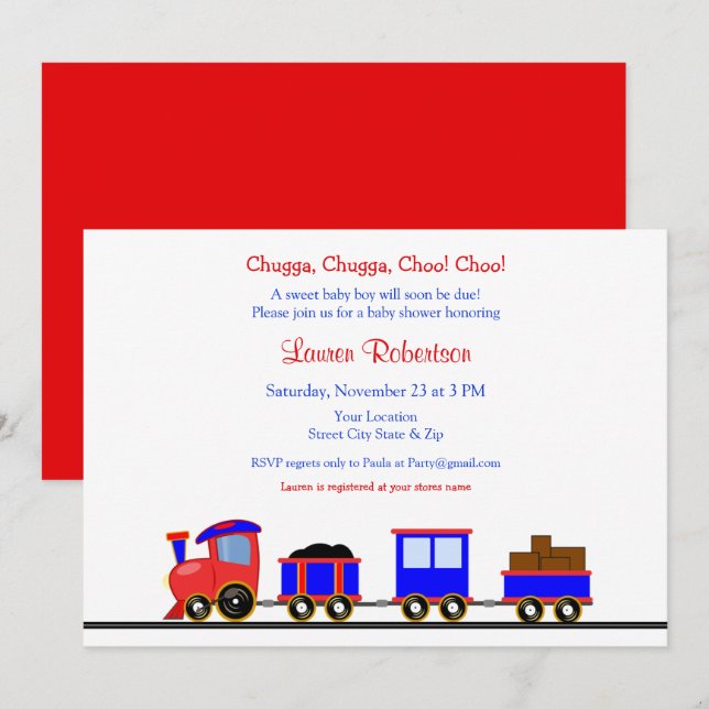 Red and Blue Train Baby Shower Invitation (Front/Back)