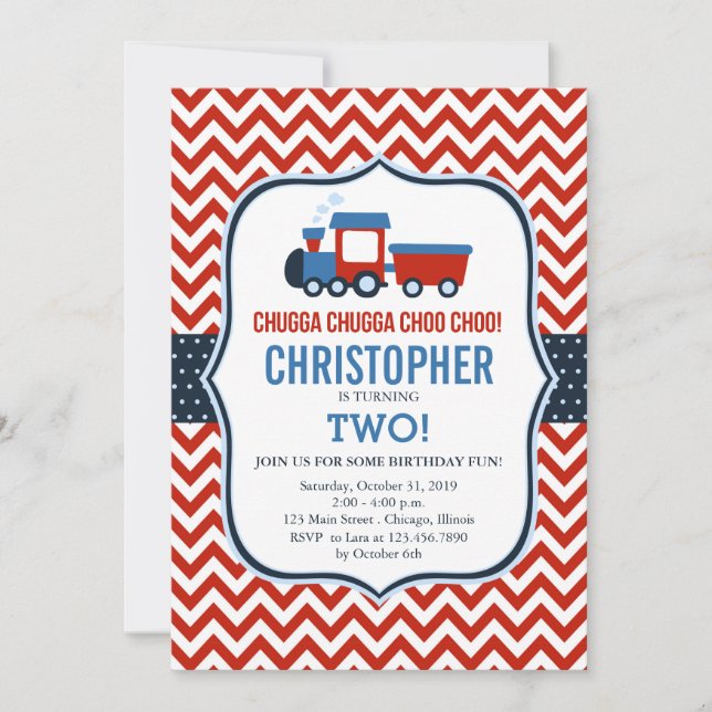 Red and Blue Train Birthday Party Invitation (Front)