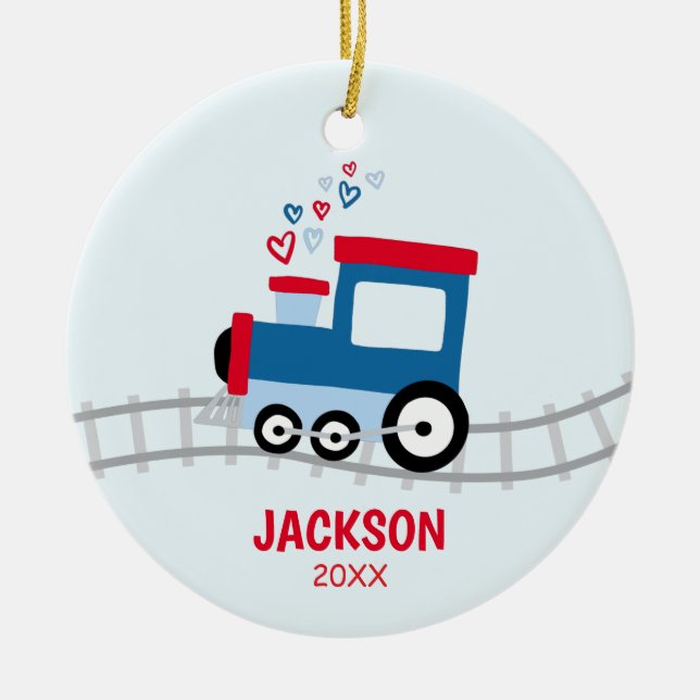 Red and Blue Train Kids Ceramic Tree Decoration (Front)