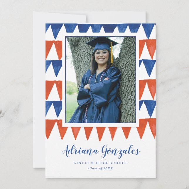 Red and Blue Watercolor Bunting Flags Graduation   Announcement (Front)