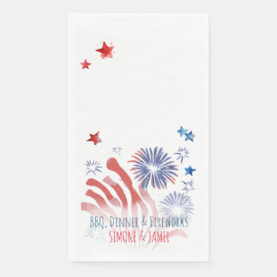 Red and Blue Watercolor Fireworks on White Napkin