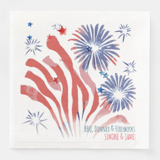 Red and Blue Watercolor Fireworks on White Napkin