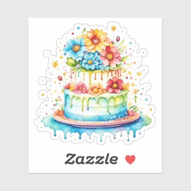 Red and Blue Whimsical Birthday Cake Watercolor  (Sheet)