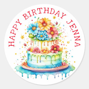 Red and Blue Whimsical Birthday Cake Watercolor  Classic Round Sticker