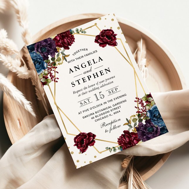 Red and Blue Winter Flowers Gold Frame Wedding Invitation (Creator Uploaded)