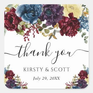 Red and Blue Winter Flowers Wedding Square Sticker